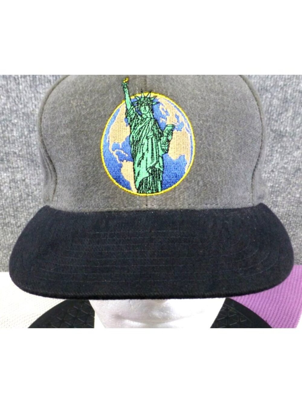Statue Of Liberty Gray & Black Hat With Embroidered Globe Design Adjustable Stra